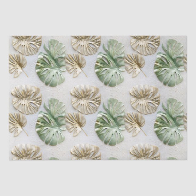 Papier Mousseline Gold Green White Feuilles tropicaux (Recto)