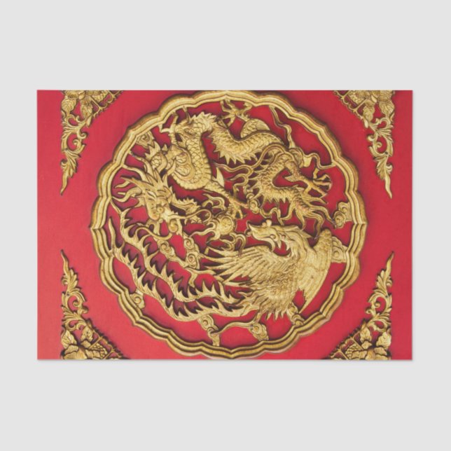 Papier Mousseline Gold Red Dragon Phoenix Chinese Wedding Favor (Recto)