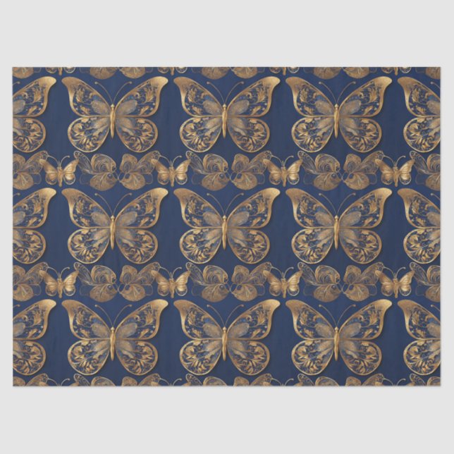 Papier Mousseline Gold sur les papillons bleus Découpage Tissu (Recto)
