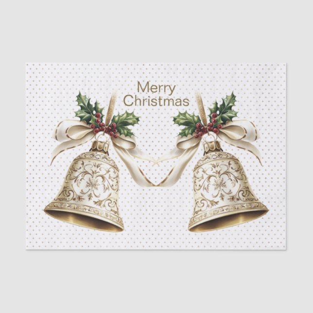 Papier Mousseline Golden Christmas Bell Shiny Stars Green Feuilles (Recto)