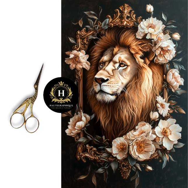 Papier Mousseline Golden Lion Portrait Blanc Floral Boutique de luxe (Créateur téléchargé)