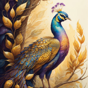 Papier Mousseline Golden peacock in a golden forest v3