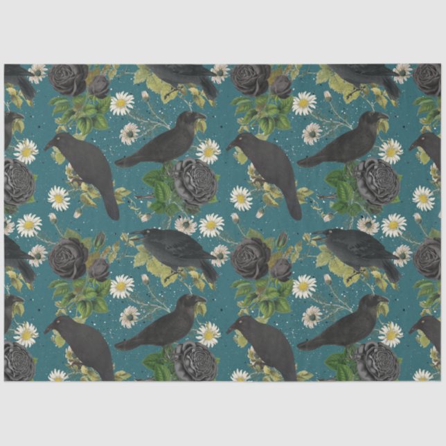 Papier Mousseline Goth Crows et Roses noirs Profond Turquoise Motif (Recto)