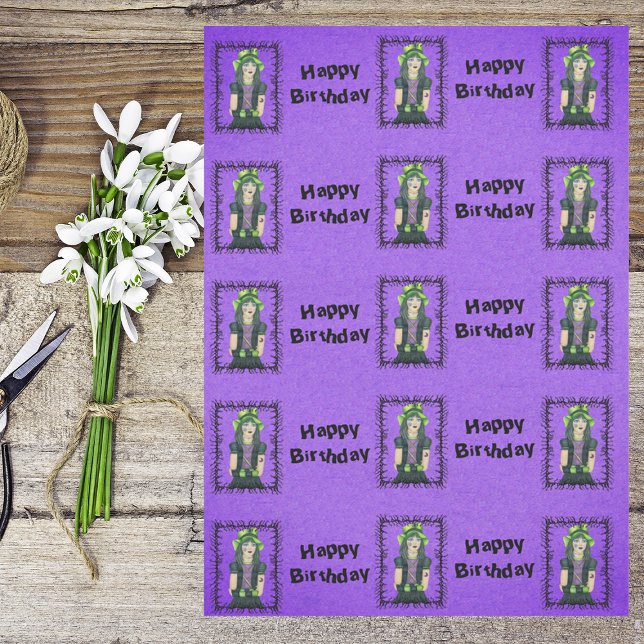 Papier Mousseline Goth Girl Tattoos Barbed Frame Purple Birthday (Pretty Goth girl tattoos black barbed branch frame on purple Happy birthday gift wrap tissue paper.)
