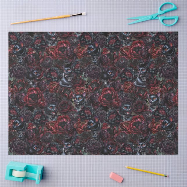 Papier Mousseline Gothic Black Cat & Dark Flowers Pattern  (Artisanat)