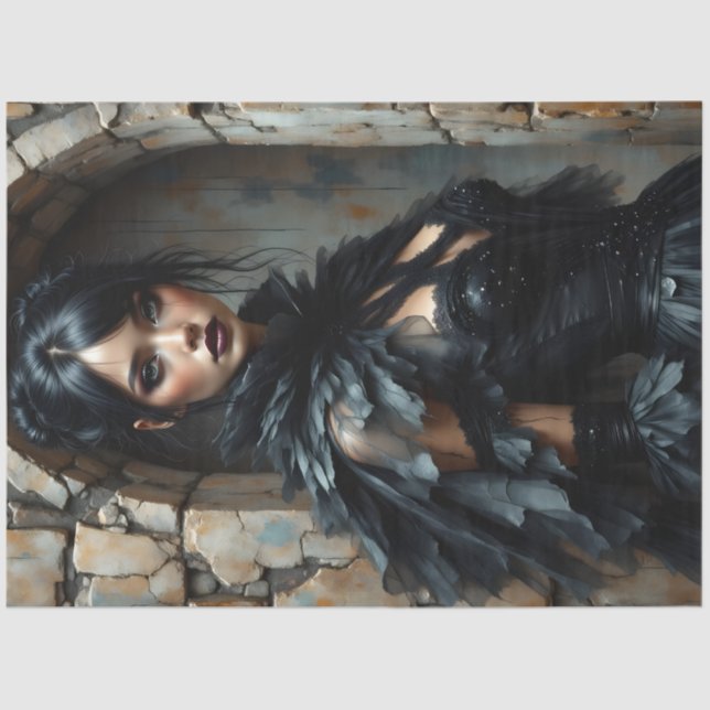 Papier Mousseline Gothic Raven Woman Decoupage Paper (Recto)