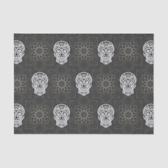 Papier Mousseline Gothic Sugar Skull and Grey Geometric Pattern (Recto)