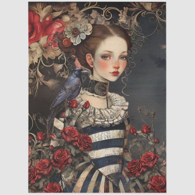Papier Mousseline Gothic Valentine Girl & Raven w/ Red Roses (Recto)