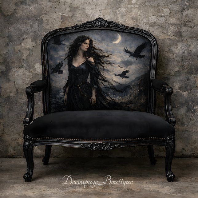 Papier Mousseline Gothic Woman Ravens Moonlit Ocean Scene Decoupage (Gothic Woman Ravens Moonlit Ocean Scene Decoupage Mockup)