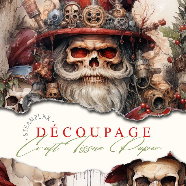 Papier Mousseline Gothique Steampunk Père Noël Crânes Noël Gothmas (Steampunk Santa gothic skulls, perfect for decoupage and all your Gothic crafting needs.)