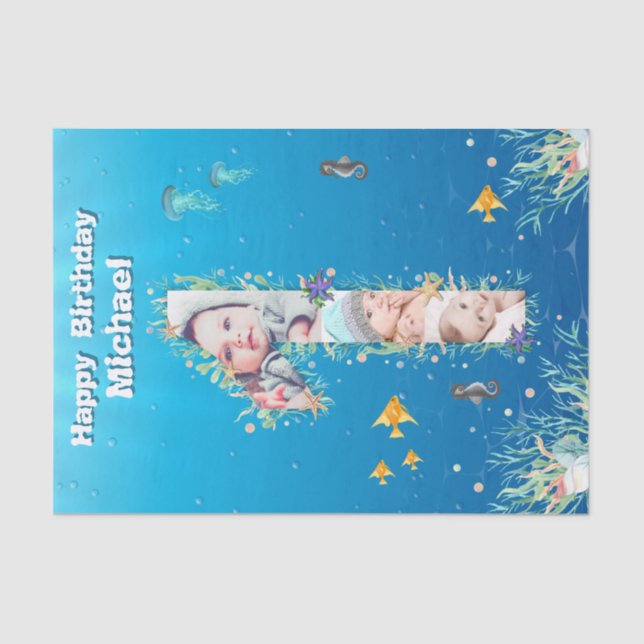 Papier Mousseline Grand 1er anniversaire sous la mer Photo Collage (Recto)