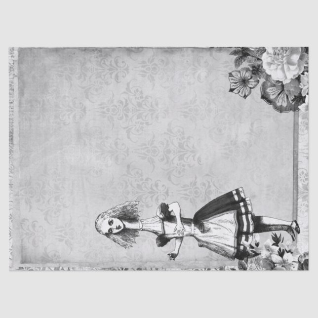 Papier Mousseline Grand Alice floral noir et blanc au pays des merve (Recto)