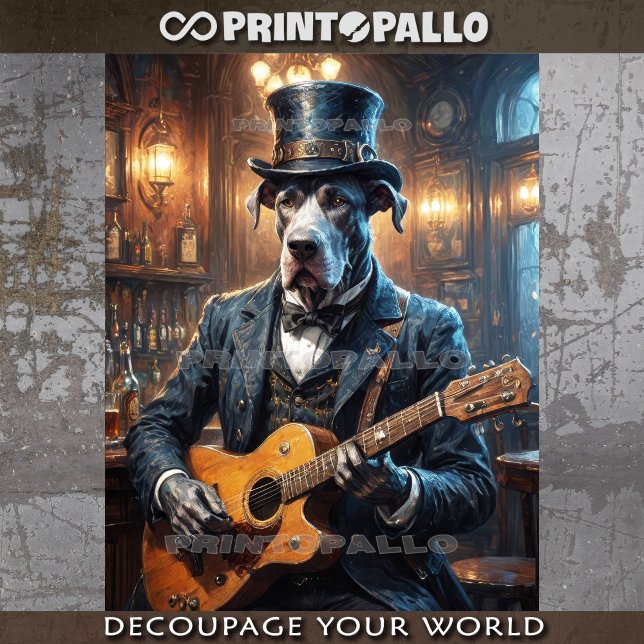 Papier Mousseline Grand chien Dane en robe victorienne et guitare - (Créateur téléchargé)