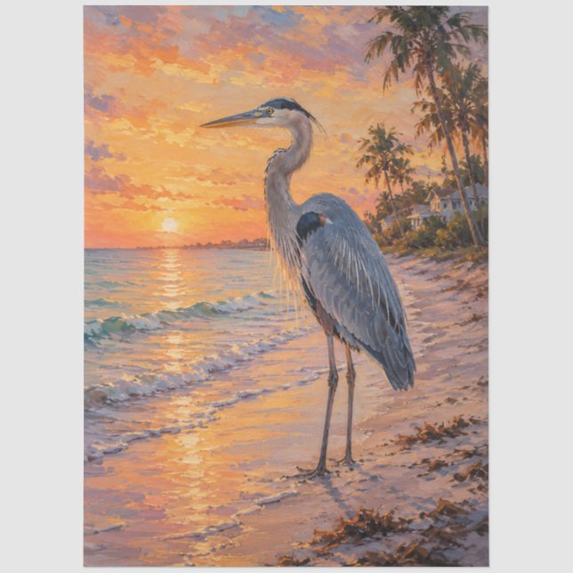 Papier Mousseline Grand Héron Bleu Sunset Beach (Recto)
