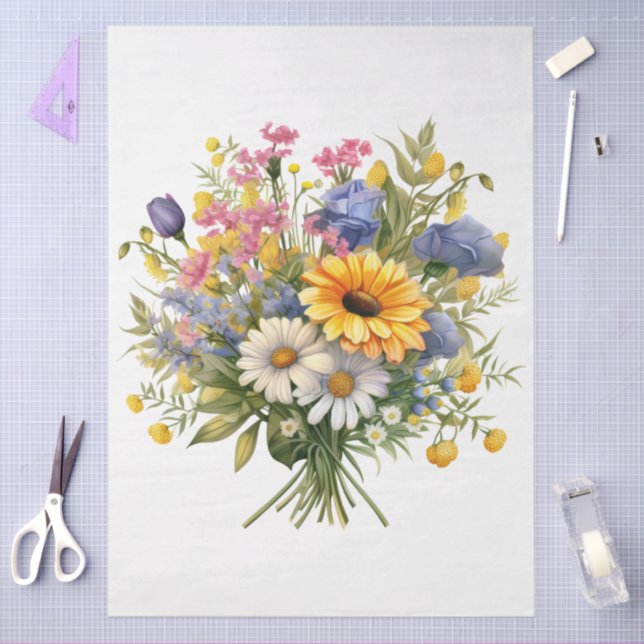 Papier Mousseline Grand tournesol & Bouquet de fleurs mixtes (Artisanat)