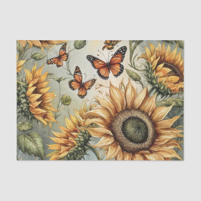 Papier Mousseline Grand tournesol ouvert avec papillons Monarch (Recto)
