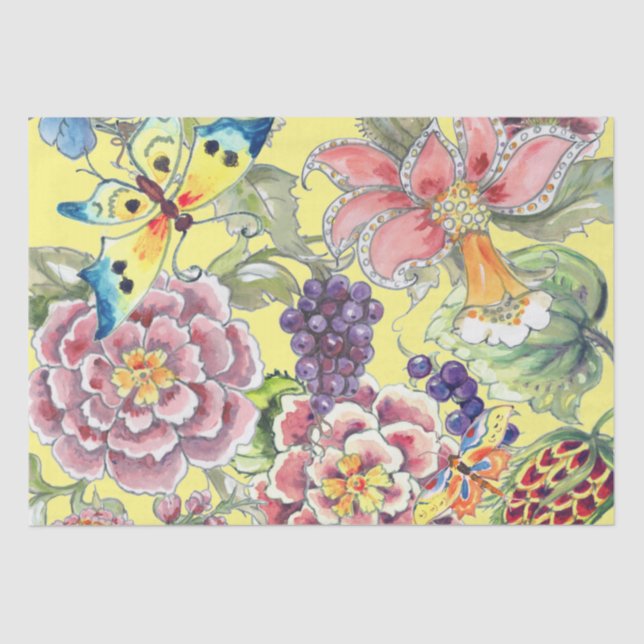 Papier Mousseline Grande impression Tropical Floral Jaune Aquarelle  (Recto)