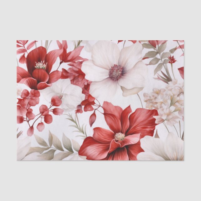 Papier Mousseline Grandes fleurs botaniques rouges et blanches d'euc (Recto)