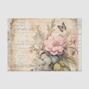 Papier Mousseline Grands Fleurs Roses et Bourgeons Papillon Script