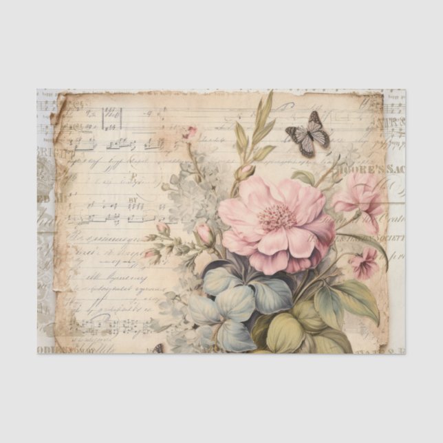 Papier Mousseline Grands Fleurs Roses et Bourgeons Papillon Script (Recto)
