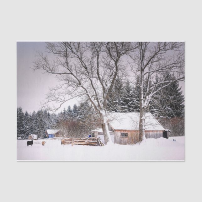 Papier Mousseline Grange d'hiver en neige  (Recto)