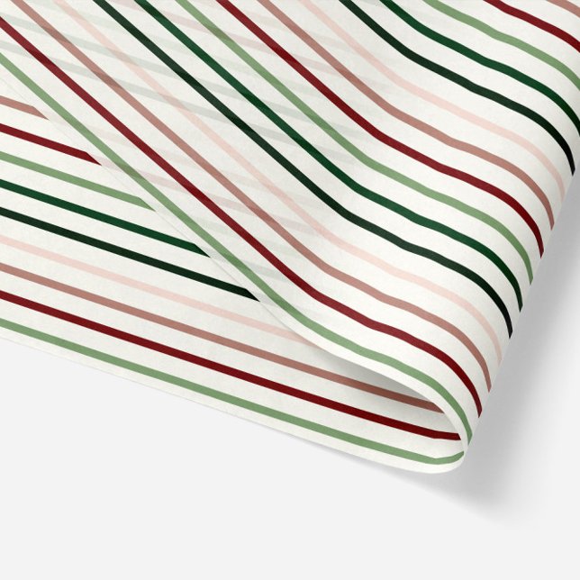 Papier Mousseline Granges de Noël en rouge, vert et beige (transparent tissue paper - stripes pattern in red, green and beige for adult christmas gifts)