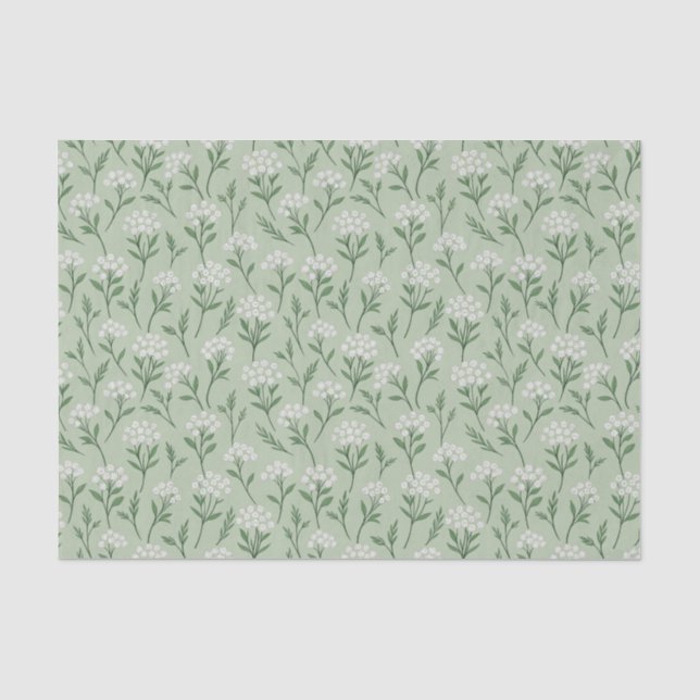 Papier Mousseline Grappes de fleurs sauvages blanches, vert sauge bo (Recto)