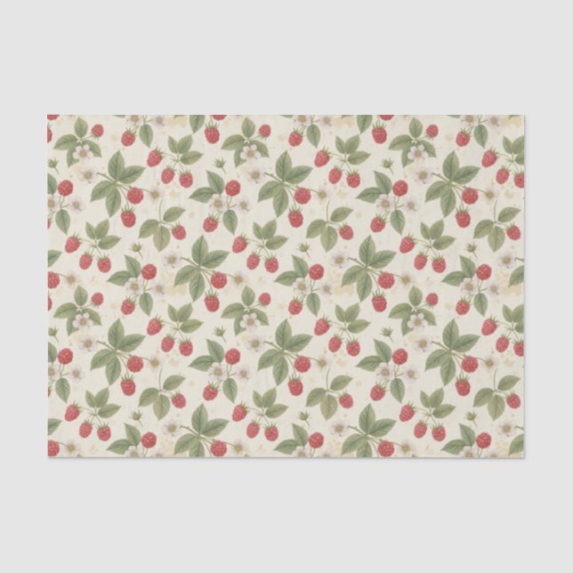 Papier Mousseline Grappes de framboises avec feuilles et fleurs (Recto)