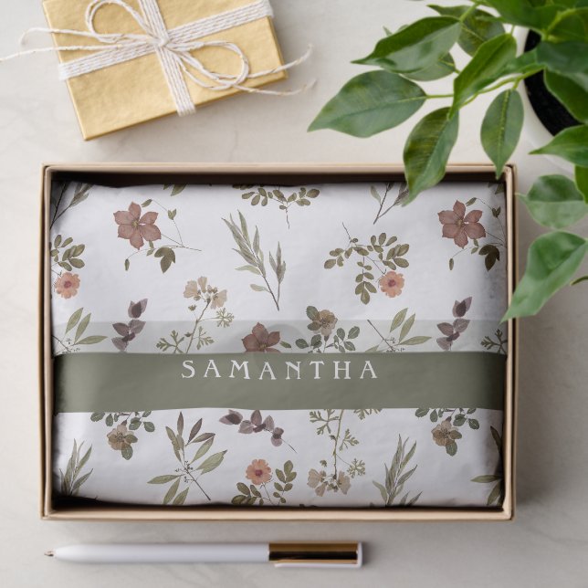 Papier Mousseline Green Burgundy Wildflower Monogram Name (Cadeau)