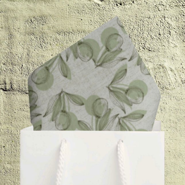 Papier Mousseline Green Olive & Leaf Pattern On Pastel Green (18" x 24" tissue paper in bag)