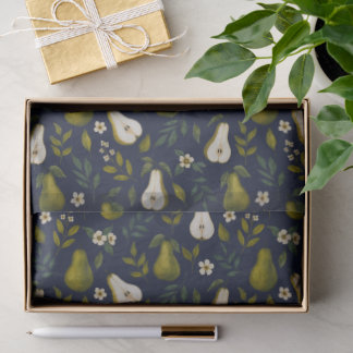 Papier Mousseline Green Pear Watercolor Pattern on Dark Blue 
