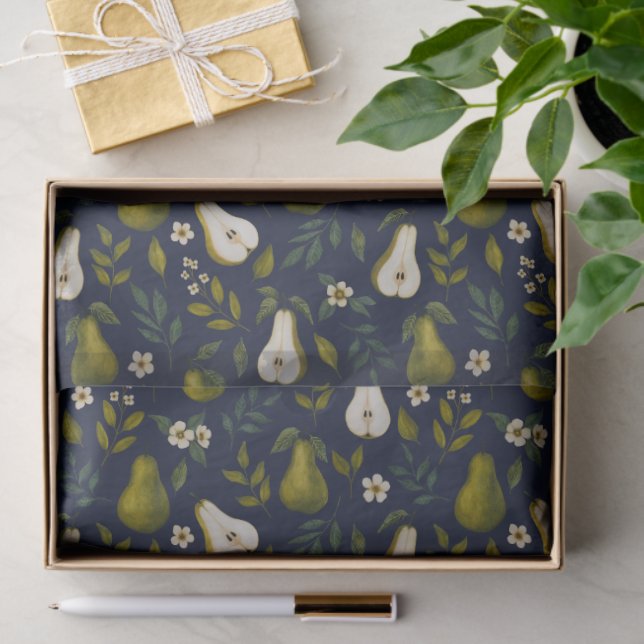 Papier Mousseline Green Pear Watercolor Pattern on Dark Blue  (Cadeau)