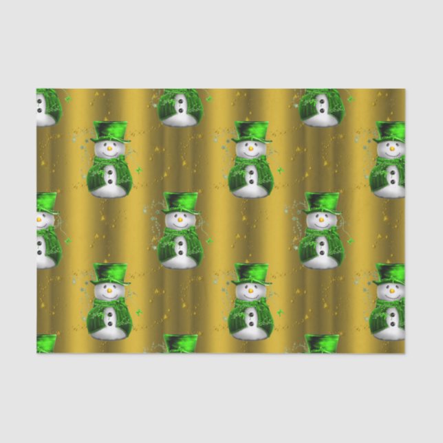 Papier Mousseline Green Snowman sur Gold Christmas (Recto)