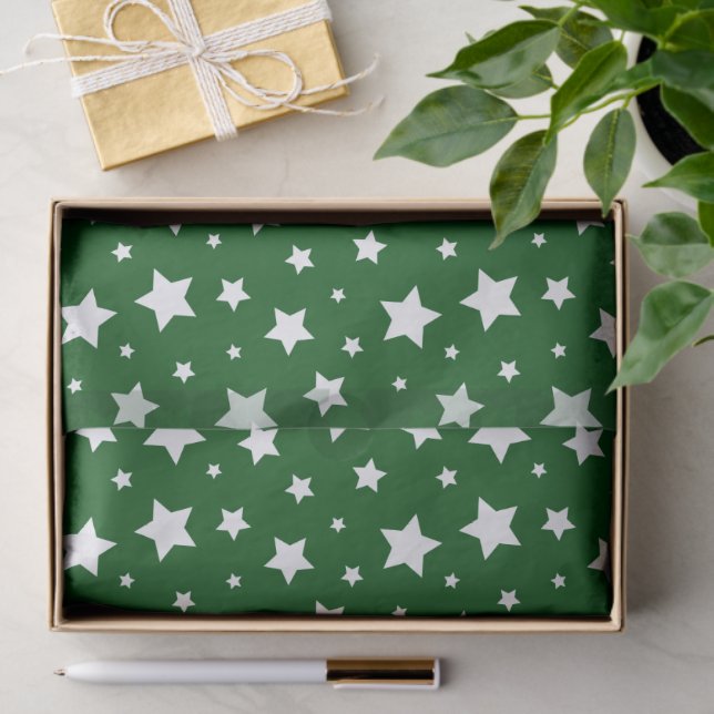 Papier Mousseline Green White Stars Noël (Cadeau)