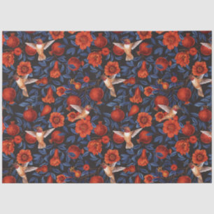 Papier Mousseline Grenade et colibris/feuilles bleus sur noir