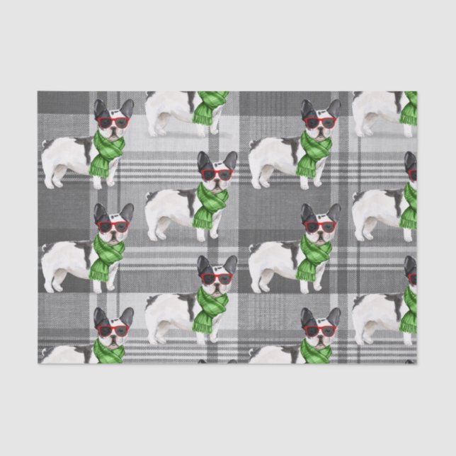 Papier Mousseline Grey Plaid et Boston Terrier Christmas (Recto)