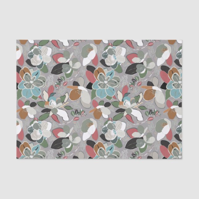 Papier Mousseline Gris Noir Rouge Floral Hiver Magnolia (Recto)