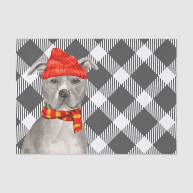 Papier Mousseline Gris Plaid et gris Pit Bull Noël (Recto)