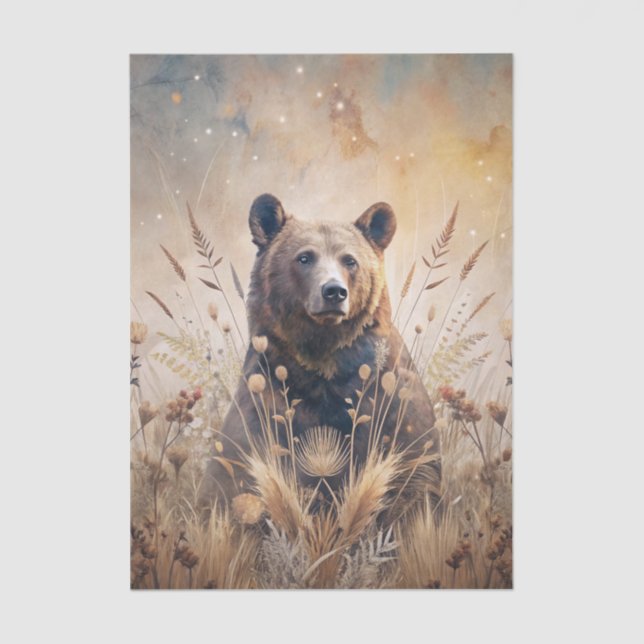 Papier Mousseline Grizzly Bear in Meadow Grass in Neutral Shades (Recto)