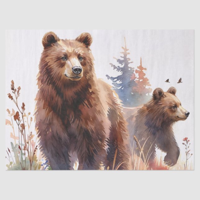 Papier Mousseline Grizzly Bears Watercolor Woods (Recto)