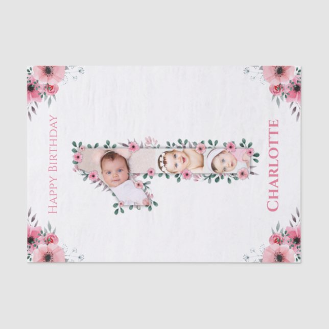 Papier Mousseline Gros 1er anniversaire fille photo Collage Fleur ro (Recto)