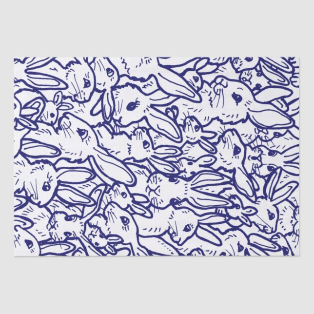 Papier Mousseline Gros Motif de lapin blanc bleu marine (Recto)