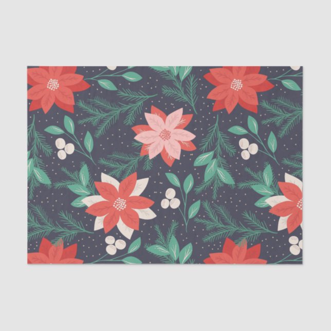 Papier Mousseline Gros Poinsettias de Noël Rouge et Blanc (Recto)