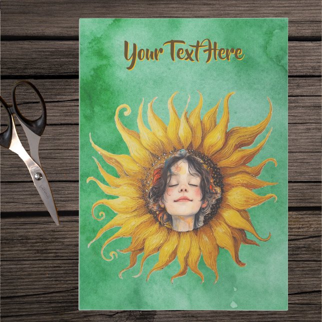 Papier Mousseline Gros Tournesol Enfants Face Aquarelle Look Vert (Big yellow sunflower with littlle girl's face on vibrant watercolour look green tissue paper.)