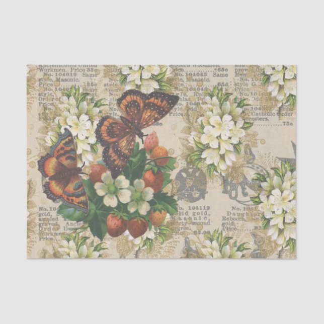 Papier Mousseline Grosses papillons et fraises (Recto)