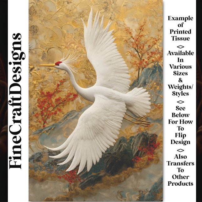 Papier Mousseline Grue brodée et fleurs rouges BW5 Découpage (Créateur téléchargé)