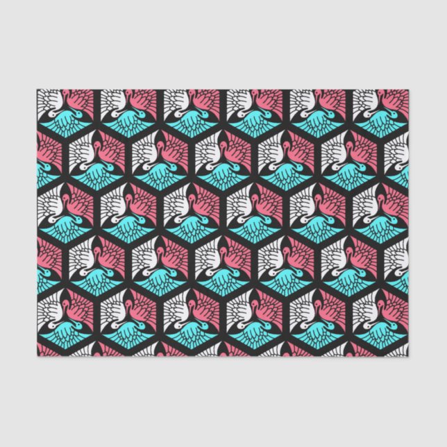 Papier Mousseline Grues japonaises, corail, turquoise et noir (Recto)
