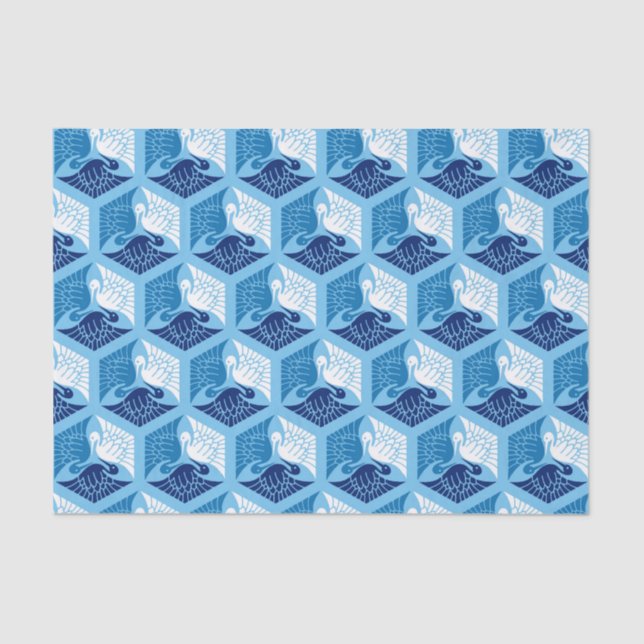 Papier Mousseline Grues japonaises, marine, blanche et bleu clair (Recto)