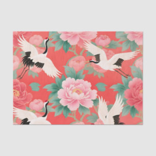 Papier Mousseline Grues japonaises Pivoines Rouge Élégance Chinoise