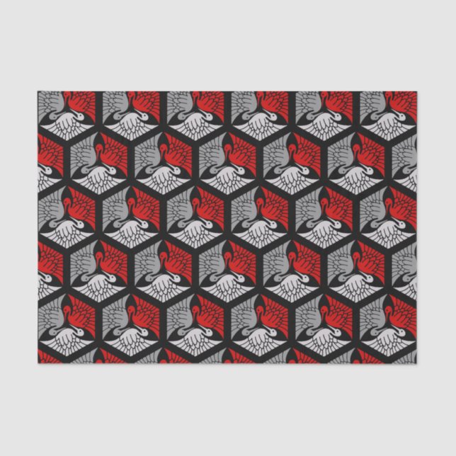 Papier Mousseline Grues japonaises, rouge, gris / gris / noir (Recto)